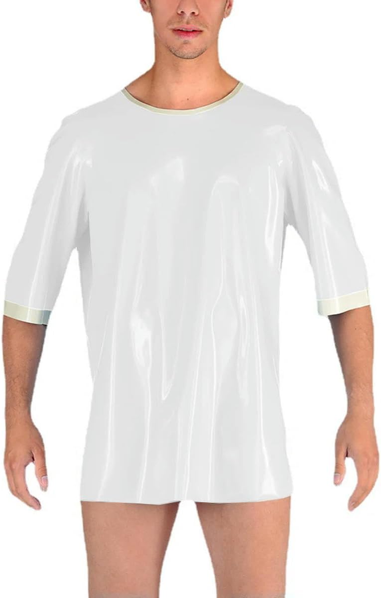 Mens PVC Leather Hollow Out Back Round Neck T-Shirt Tops Cosplay Costume Half Sleeve Clothing Clubwear Customizable