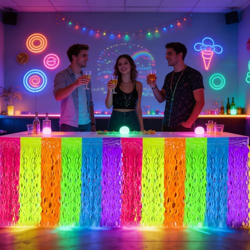Image of 2 Pack Neon Tinsel Foil Fringe Table Skirts 108 x 29.5 Inch Glow in The Dark Party Table Decoration UV Reactive Fluorescent Wavy Tables Skirt for Glow Birthday Wedding Supplies Neon Party Decor