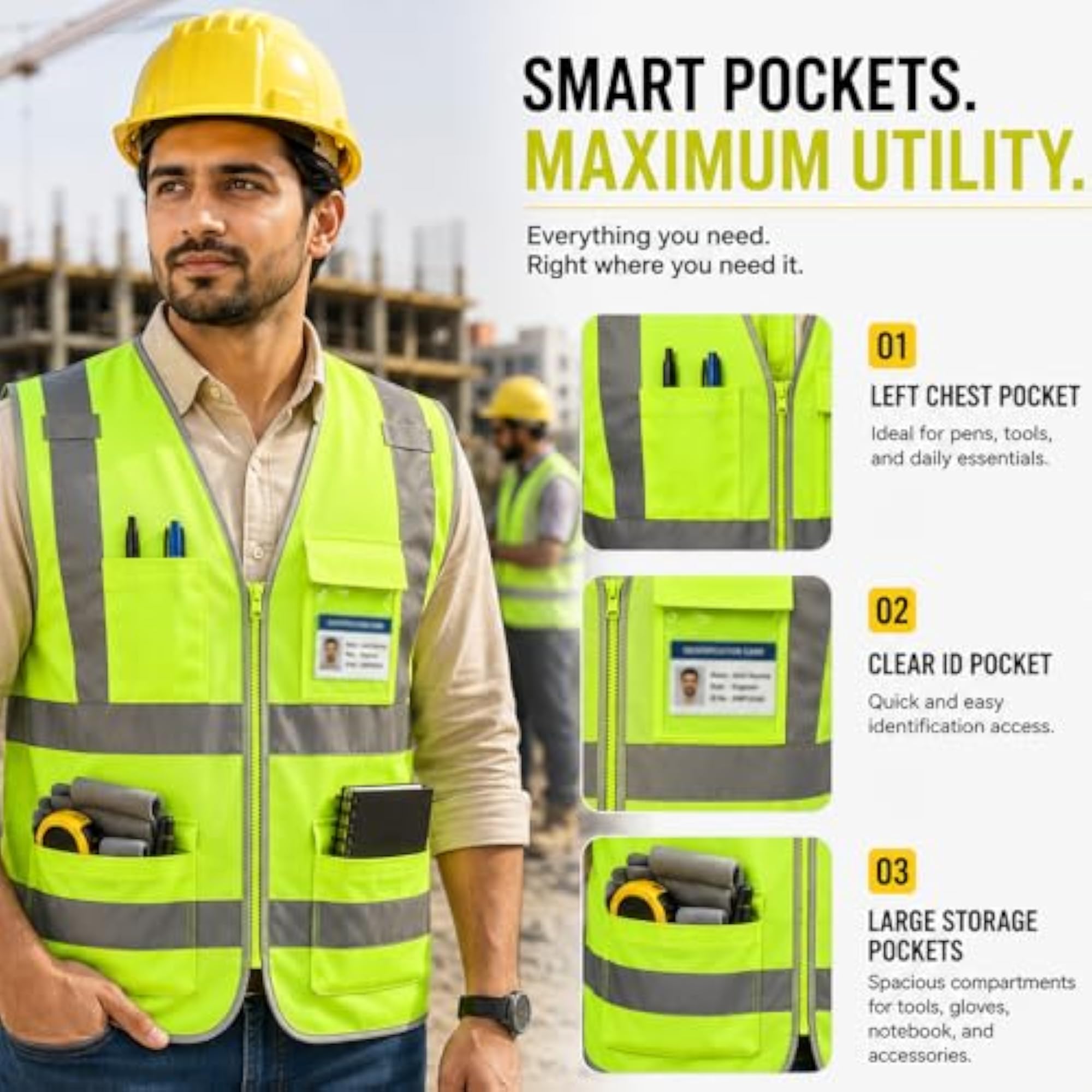High Visibility Reflective Safety Vest with Utility Pockets