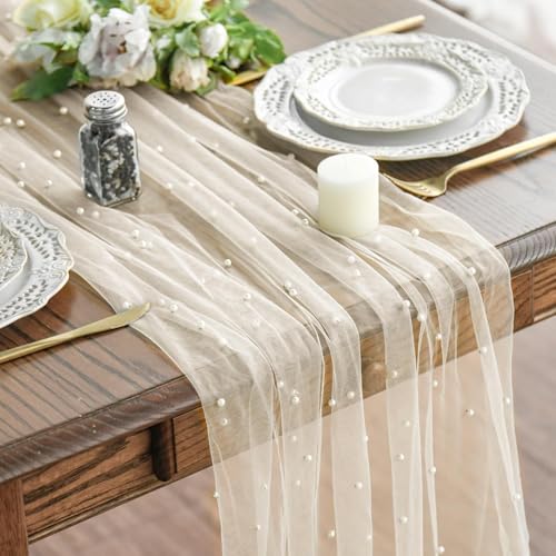 Artoid Mode Chemin de table en tulle beige avec perles, 70 x 300 cm, décoration de cuisine, pour intérieur, vacances, mariages, anniversaires, fêtes