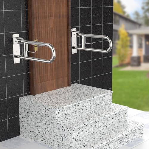 Image of Toilet Grab Bar 22.4 Inch Chrome, Munzong Anti-Slip Handicap Grab Bars with Paper Holder, Flip-Up Bathroom Safety Rails, Stainless Steel Knurled Support handrails for Seniors Elderly Disabled Pregnant