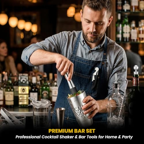 Image of O' Holic by Perch Craft 10-Piece Stainless Steel Bartender Kit|Premium Cocktail Shaker Set with Jigger 30 /60ml, Spoon,Pourer,Ice Tong, & Bar Tools|Professional Bar Set for Home &Tour Parties|Silver
