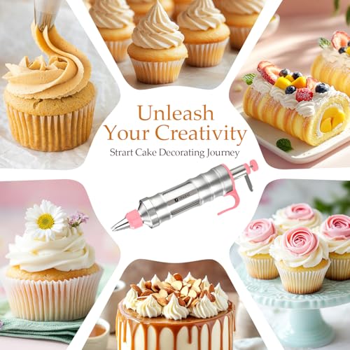 Dessert Decorating Syringe Set Icing Piping Kit Frosting Piping Kit Stainless Steels Cake Decorating Kit with 10 food grade stainless steel piping tips & 50 Disposable Piping Bags, Pink by Vinland - Used condition - Image 6