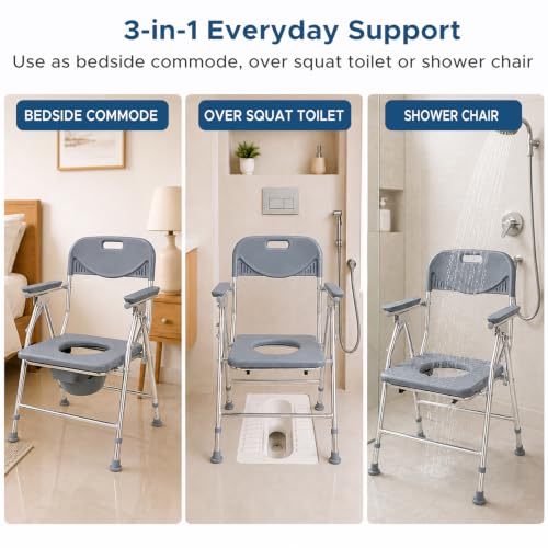 Image of KosmoCare Deluxe Commode Chair - Heavy Duty | Height Adjustable Commode Chair with Aluminium Frame | Toilet Chair with Pot and Lid | Lightweight bedside Commode Chair for Adults, Elderly, & Handicap