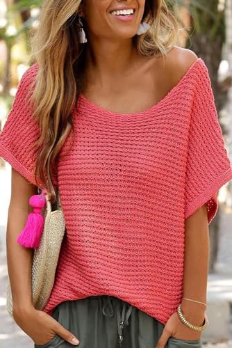 Casual Round Neck Short Sleeve Sweater: Red Clay Solid Color2