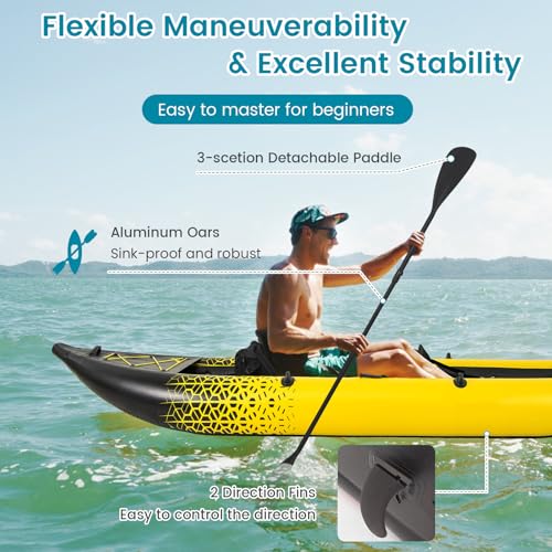 COSTWAY 12’5” Inflatable Kayak Set, 2-person Sit on Canoe with Aluminum Oars, EVA Padded Seat, High Back Support, Carry Bag, Hand Pump & Repair Kit, Paddle Kayaks Blow up Boat (Yellow) - Image 4