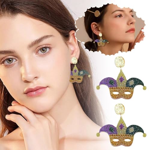 Mardi Gras Earrings,Colorful Acrylic Carnival Cosplay Party Earring,Funny Mardi GRAS Dangle Earrings for Women Girls Holiday Jewelry Gifts4