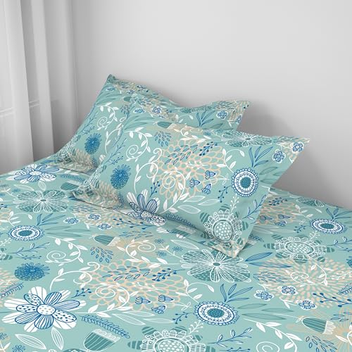 Image of Welspun ENZO King Size Fitted Bedsheet with 2 Pillow Covers | 360 Elastic | 100% Pure Cotton | 72 x 79 Inches | Soft, Breathable, Lightweight & Easy Care | Eggshell Blue