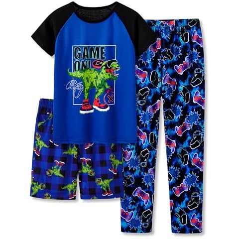 Beezizac Little Big Boys Dino & Gamer Pajamas 3-Piece Short Sleeves Set & Pants PJ Kid Jammies Size 10 Cover