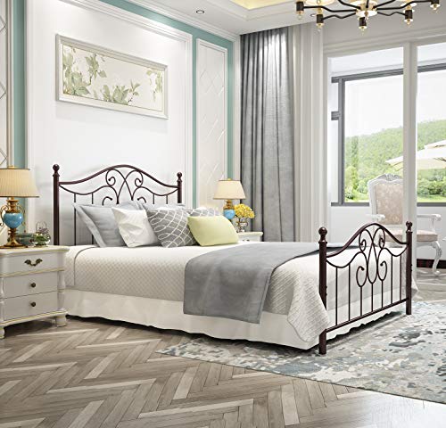 Yerperfo Vintage Sturdy Metal Bed Frame Queen Size With Vintage Headboard And Footboard Platform Base Bed Frame No Box Spring Needed Steel Bed，Antique Brown，Queen. #TOP2