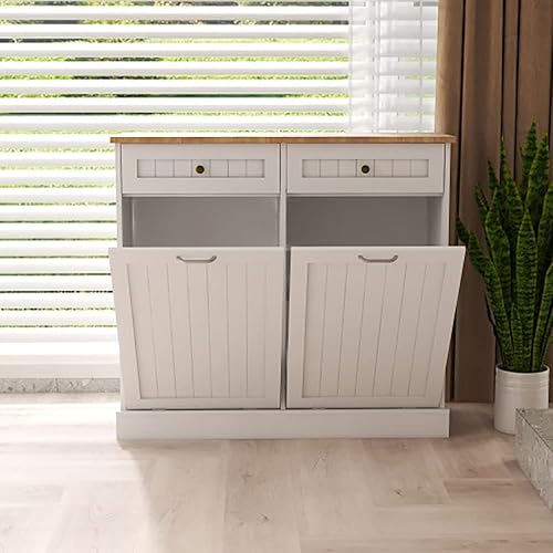 Double Tilt Out Trash Cabinet Large Kitchen Trash Can Recycling Cabinet with Hideaway Drawer Dog Proof Trash Can Kitchen White