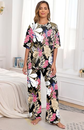 Image of PrinStory Womens Pajamas Sets 2 Piece Lounge Set Short Sleeve Tops and Long Pants Soft Pjs Loungewear with Pockets