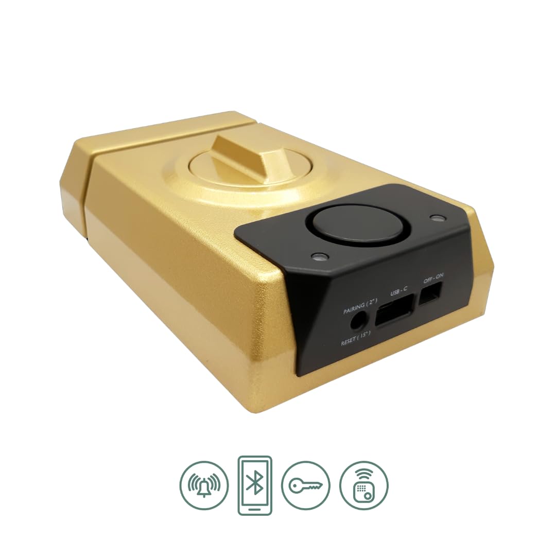 Lince SMARt7930 Cerradura inteligente para puerta – Cerrajo con alarma de 100 dB, control por aplicación, control remoto y llave reversible de alta seguridad – Recargable por USB-C – Color Oro