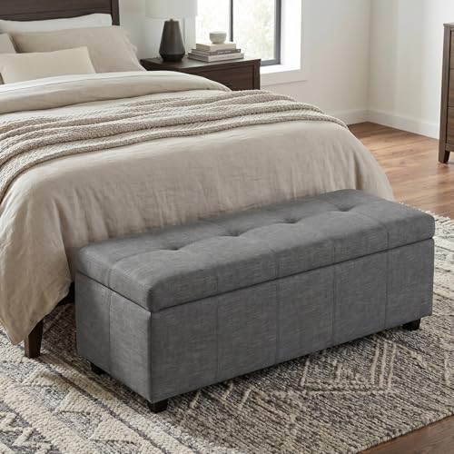 Image of SIMPLIHOME Avalon 48 inch Wide Linen Look Fabric Storage Ottoman in Slate Grey