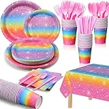 Zhehao 169 Pcs Rainbow Party Decorations Supplies with Disposable Tablecloths Plates Napkins Cups Straws Knives Forks Serve 24 Guests for Birthday Bridal Shower Rainbow Pride Party Favor(Pastel)