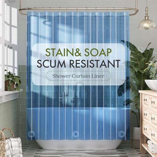 Image of Bathway Shower Curtain Liner, Clear Shower Curtain Liner 72x72 PEVA Waterproof Shower Curtain Liner Plastic with 3 Magnets and 12 Rustproof Metal Grommets, Lightweight Blue Shower Liner for Bathroom