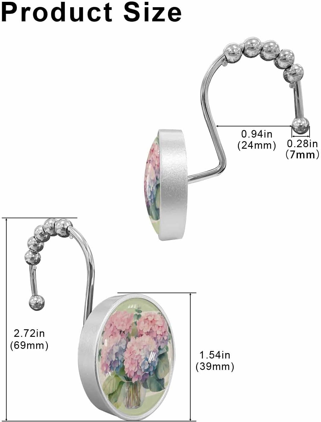 Shower Curtain Hooks 12 Pcs, Spring Flower Watercolor Hydrangea Vintage Linen Stainless Steel Rust Proof Rolling Shower Curtain Rings, Decorative Shower Curtain Hooks Hangers for Bathroom