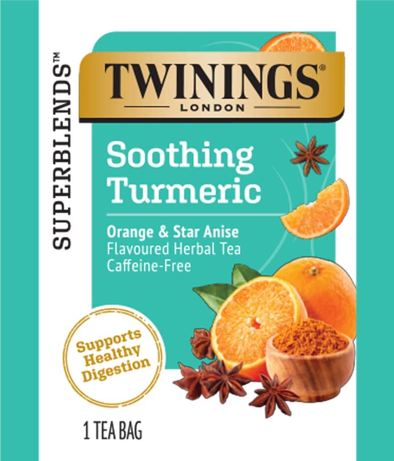 Image of Twinings Superblends Soothing Turmeric Orange & Star Anise Flavoured Herbal Tea, Caffeine-Free, Supports Digestion, 18 Tea Bags,36 Grams