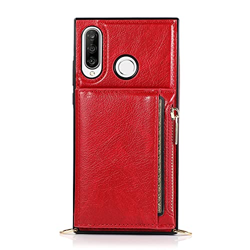 Funda compatible con Huawei P30 Lite, funda tipo cartera con cremallera, ranura para tarjetas, cadena cruzada, monedero, a prueba de golpes, funda protectora compatible con Huawei P30 Lite, protección