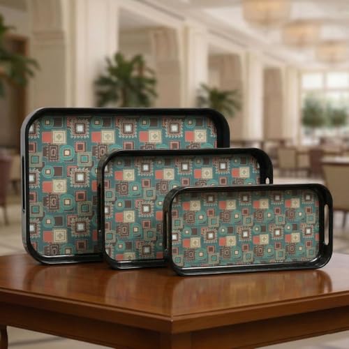 Image of Double Laminated Printed Serving Tray (Black Small, Medium, Large) -Set of 3 Pieces(Melamine, Rectangular)
