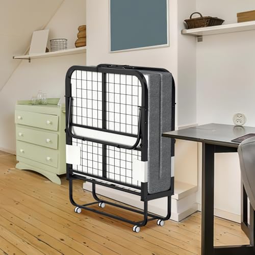 Jopassy Klappbett 90x200cm, Gästebett Klappbar mit ca.13CM Dicke Hochdichter Schaumstoff Matratze, Einzelbett mit Rollen, Metallbett bis 200kg...