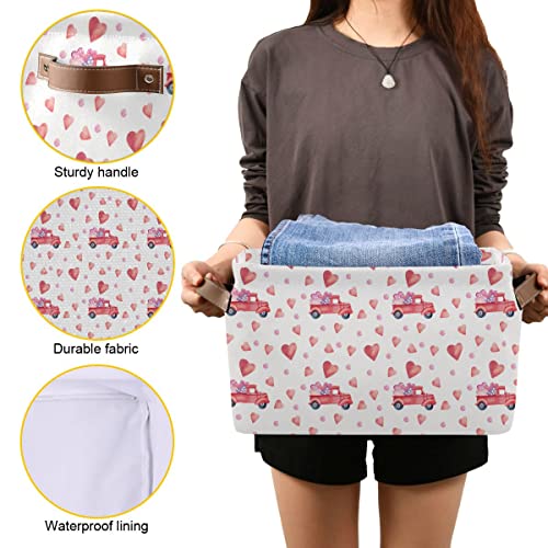 Image of Happy Valentine's Day Storage Basket Fabric Laundry Baskets Love Heart Pickup Truck Car Storage Boxes Organizer Bag for Baby Cloth Dog Toy Book Storage Cubes Shelf Closet Bins 16x12x8 Inches