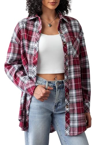 Image of CHYRII Womens Button Down Flannel Shirts Long Sleeve Plaid Shackets Business Casual Blouse Top