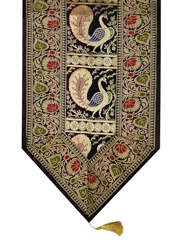 Image of Banarasi Brocade Zari Silk Table Runner Dinning & Centre Table Runner 177 By 30 CM (Black, Peacock)