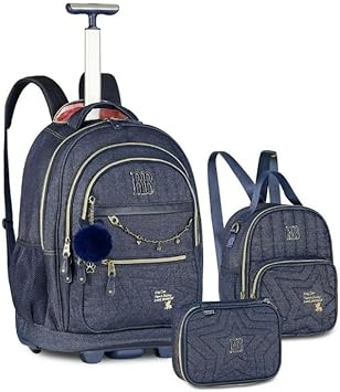 Kit Mochila Carrinho Estojo Lancheira Rebecca Bonbon Jeans