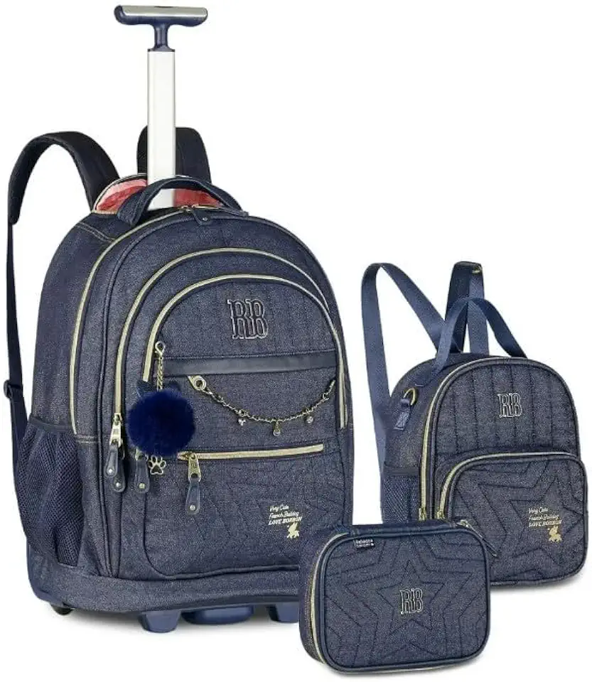 Kit Mochila Carrinho Estojo Lancheira Rebecca Bonbon Jeans