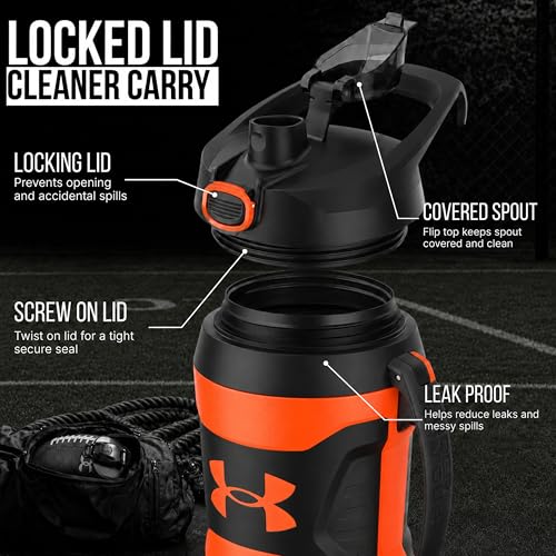 Image of Under Armour Insulated Water Bottle with Handle & Fence Hook, Half Gallon Sports Water Jug, Leak-Resistant & BPA-Free for Baseball, Football & Gym - Blaze Orange /Black, 64oz