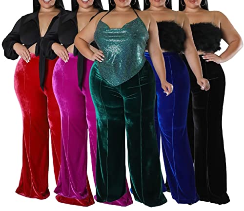 Aro Lora Womens Plus Size Velvet High Waist Bell Bottom Wide Leg Palazzo Flare Pant Trouser4