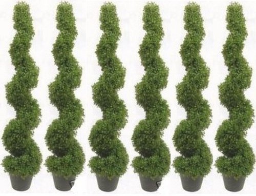 Six 4 Foot 2 Inch Artificial Boxwood Spiral Topiary Trees Potted Indoor Outdoor UV Rated. Free Returns!
