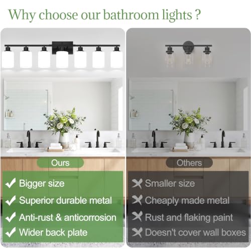 Image of Indoi 7-Light Bathroom Light Fixtures, Matte Black Modern Vanity Lights with Milky White Shades, Bathroom Wall Lamp for Mirror Living Room Cabinet Bedroom Porch
