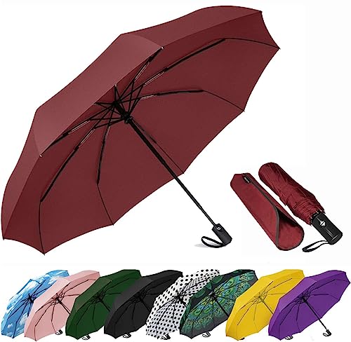 Siepasa Windproof Travel Compact Umbrella, 8-Ribs Anti-Uv Waterproof Folding Umbrella With Telfon Coating-One Button For Auto Open And Close. (Wine Red) #TOP6