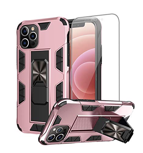 Compatible with iPhone 12 Pro Max Case 6.7 inch with Screen Protector Dual Layer Soft Flexible TPU Hard Shell Military Grade Full-Body Rugged Kickstand Protective Cover Cases (Pink)