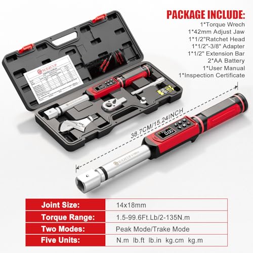 Image of SUERCUP 1 /2 inch Adjustable Digital Torque Wrench (1.5-99.6Ft.Lb /2-135N.m) | Interchangeable 14x18mm Head with 42mm Jaw & 1 /2 inch Ratchet, Vibration, Buzzer & LED Flash, for HVAC, Flare Nut & Auto Repair
