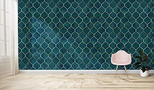 Image of DWELLSINDIA Dark Aqua Moroccan Geometric Wallpaper for Interior Decor | Self Adhesive Peel & Stick, Thick Textured Premium Paper | Waterproof, Scratch Resistant | Living Room & Bedroom | 41 x 244 cm