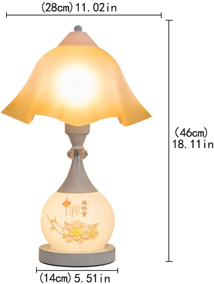 Bedside Table Lamp Chinese Style Festive Bedside Table Lamp Simple Bedroom Desk Lamp Chinese Style Glass Printing Lampshade Bedroom Living Room Farmhouse Desk Lamps (Color : Yellow-A) (Yellow A)