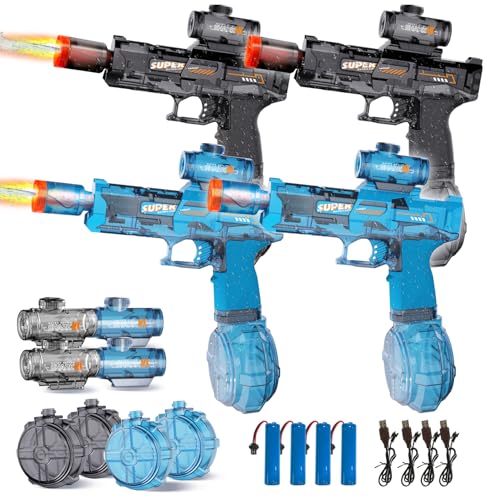 4Pcs Electric Water Gun for Kids Adults, Automatic Squirt Gun Pistol with Water Spray Sound and Led Light, Leak-Proof Rechargeable Watergun for Summer Outdoor Pool Beach Toys for Boys (Black+Blue)