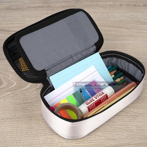 Image of Five Star Pencil Pouch Zipper High-Capacity Storage Organizer Case for Office Supplies Earbuds Chargers Cables Makeup, Tan /Blue (500212A)