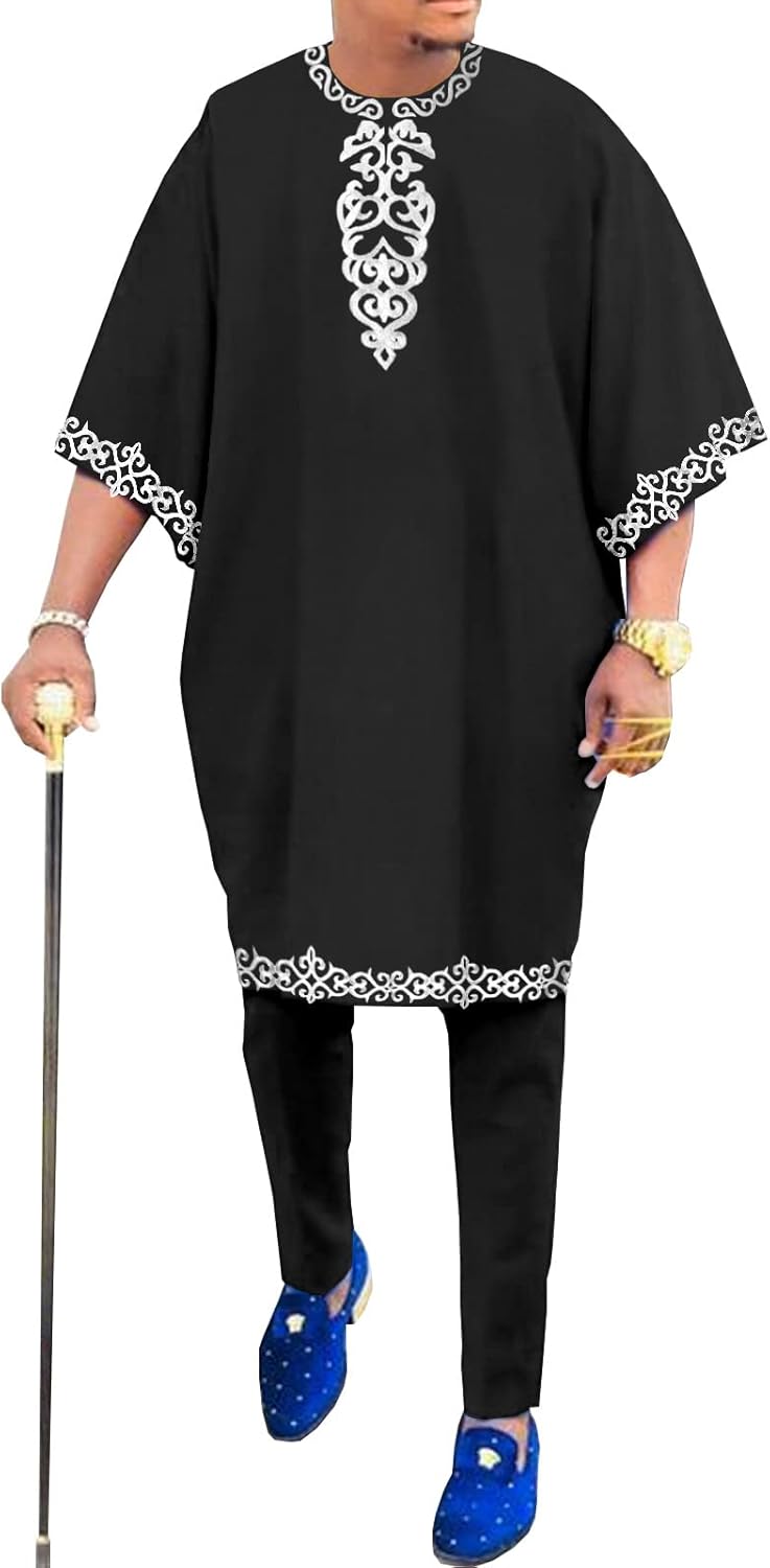African Traditional Clothing for Men Dashiki Embroidered Shirts and Ankara Pants 2 Piece Outfits Bazin Riche Outfits