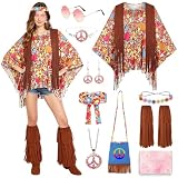 YYDSXK Disfraz Hippie Mujer, Disfraz Años 70 y Accesorios, Bolso de Hombro, Gafas de Sol, Poncho Hippie Carnaval, Disfraz Carnaval Años 70 Mujer para Cosplay, Halloween y Fiestas Retro (Marrón)