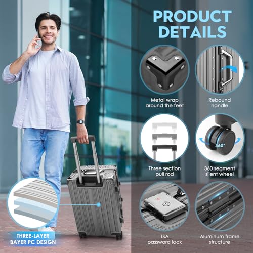 Zipperless Luggage | 24 Inch Checked suitcase | PC + Aluminum Frame | TSA Lock, Scratch-Proof Hardshell & Silent Wheels | Lightweight Carry-On for Business Travel (Gray)2