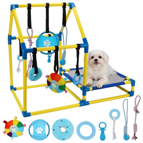 KAINUM Puppy Play Gym with Hanging Toys, Dog Indoor Jungle Gym as Activities Center for Puppies, PVC Frame with 8 Enrichment Toys for Small Dogs Kitten and Other Pets