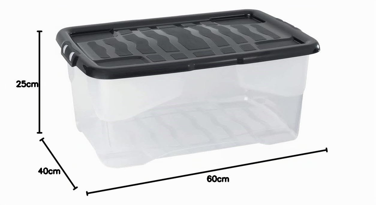 6 Stück - Strata Curve Aufbewahrungsbox mit schwarzem Deckel, 42 Liter, 60x40x25cm - transparent