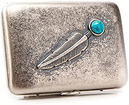 Metal Cigarette Box, Antique Silver Turquoise Copper Feather Cigarette Box,