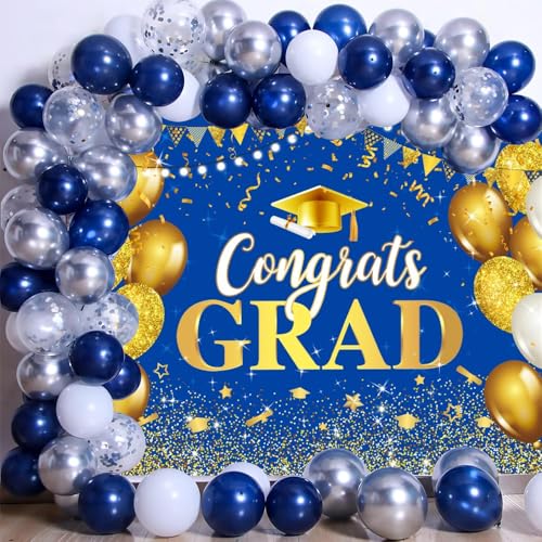 DASHAN 10x8ft Blue Gold Graduation Backdrop for Party Decorations Congrats Grad Banner Class of 2025 Backdrop for Photography Graduation Ceremony Background Cake Table Decor Photo Booth Props by DASHAN - Used condition - Image 4