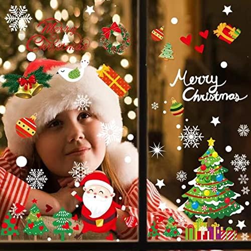 Christmas Window Stickers, Double-Sided 9 Sheets (213 Pcs) Reusable Stickers with Santa Claus Snowman Reindeer Snowflake for Christmas Party