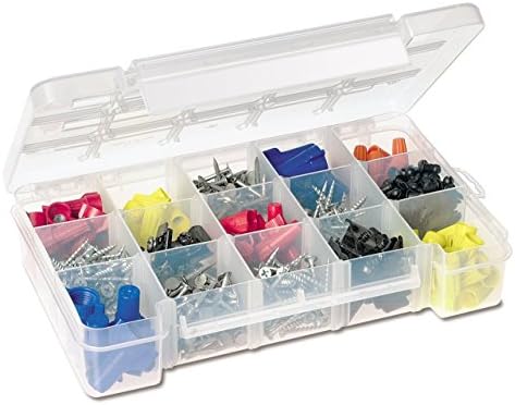 Akro-Mils 05705 Plastic Portable Parts Storage Case for Hardware and Crafts with Hinged Lid and 4 Adjustable Dividers, (8-3/8-Inch x 5-Inch x 1-5/8-Inch), Small, Clear